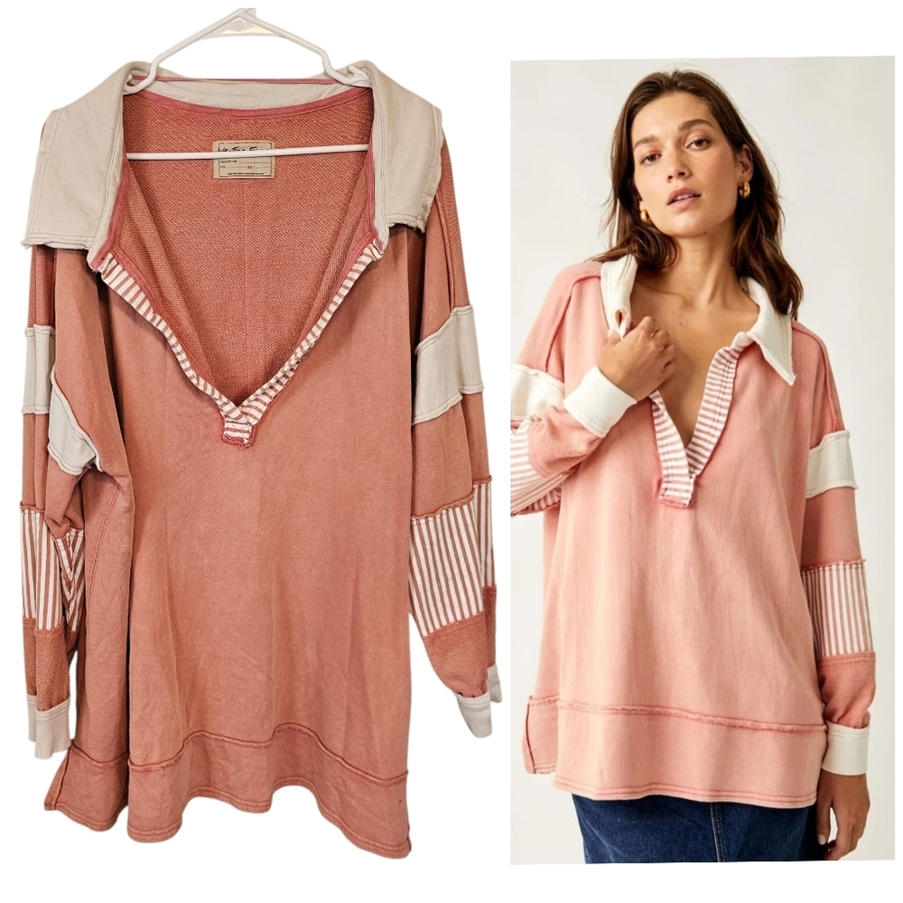 Free People We The Free Clean Prep Polo Oversized Collar Raw Edge Seam Sweater